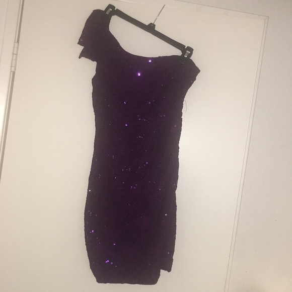 Purple off should sequin lace homecoming dress - Picture 4 of 6